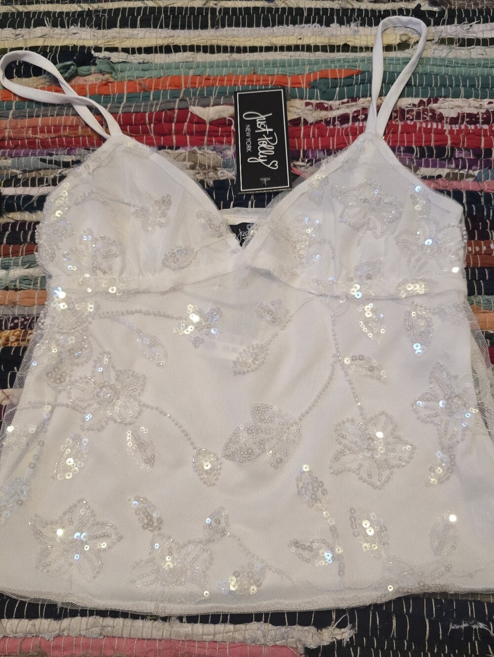 Y2k Top Rhinestones Beaded Tank Top White  Beaded Y2k Style Tank Medium Vintage